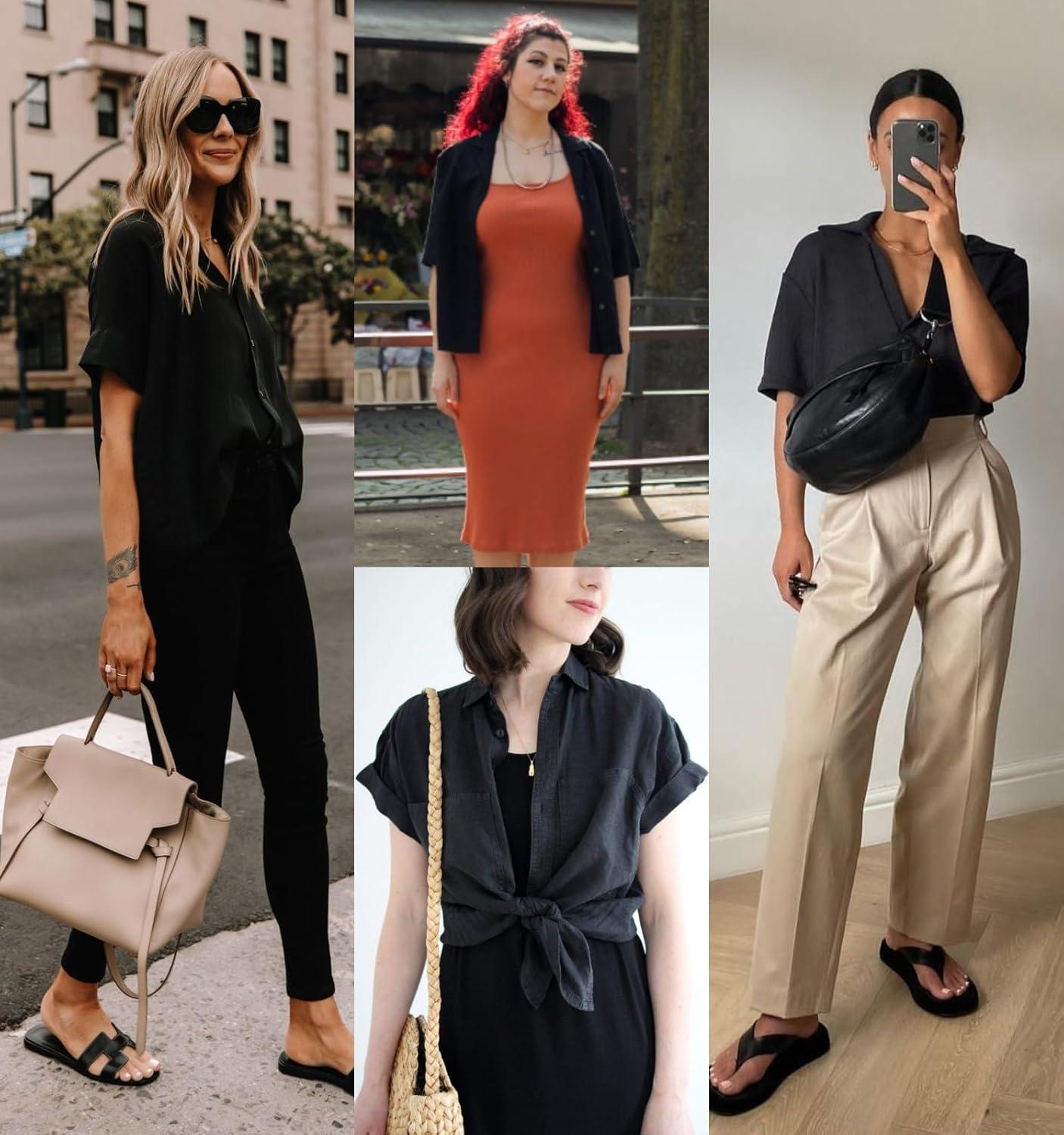 imageZeagoo Women Linen Button Down Shirt Rolled Cuffed Short Sleeve Blouse Ladies Summer Casual V Neck Beach Cotton TopsBblack