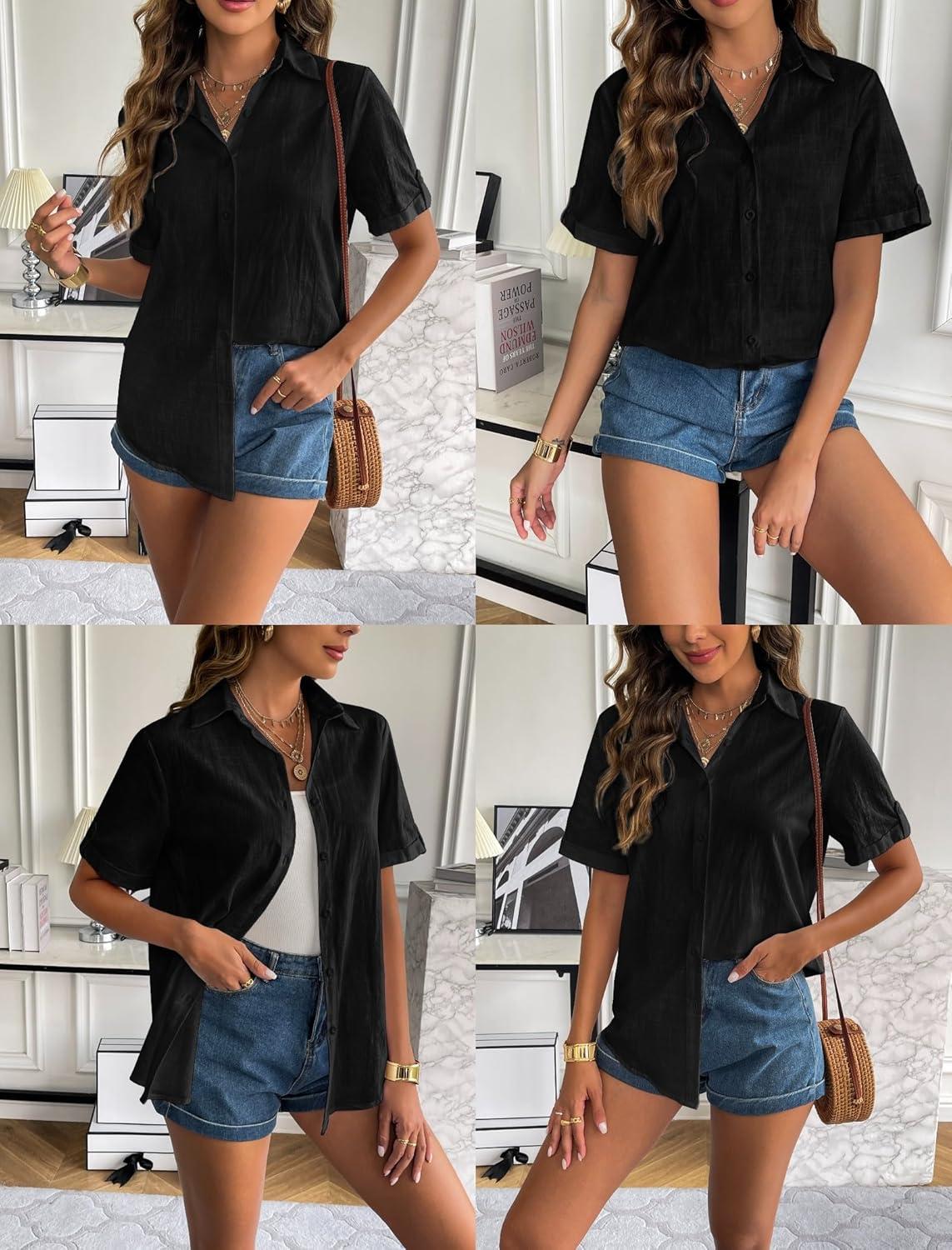 imageZeagoo Women Linen Button Down Shirt Rolled Cuffed Short Sleeve Blouse Ladies Summer Casual V Neck Beach Cotton TopsBblack
