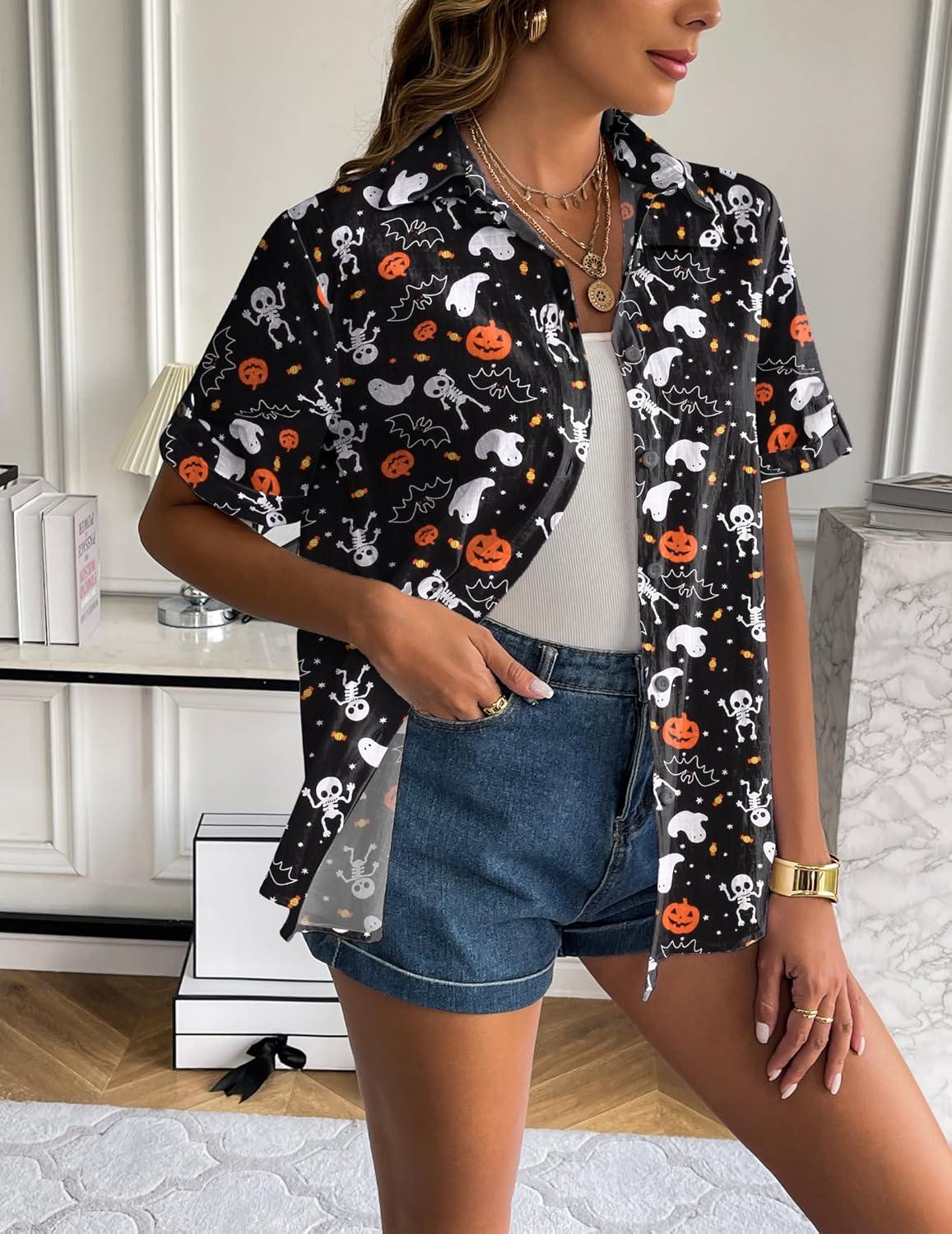 imageZeagoo Women Linen Button Down Shirt Rolled Cuffed Short Sleeve Blouse Ladies Summer Casual V Neck Beach Cotton TopsBlack Halloween