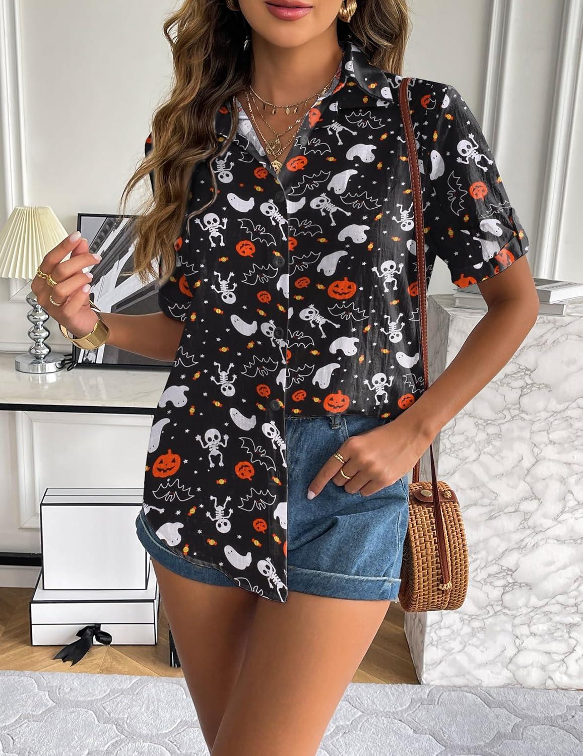 imageZeagoo Women Linen Button Down Shirt Rolled Cuffed Short Sleeve Blouse Ladies Summer Casual V Neck Beach Cotton TopsBlack Halloween
