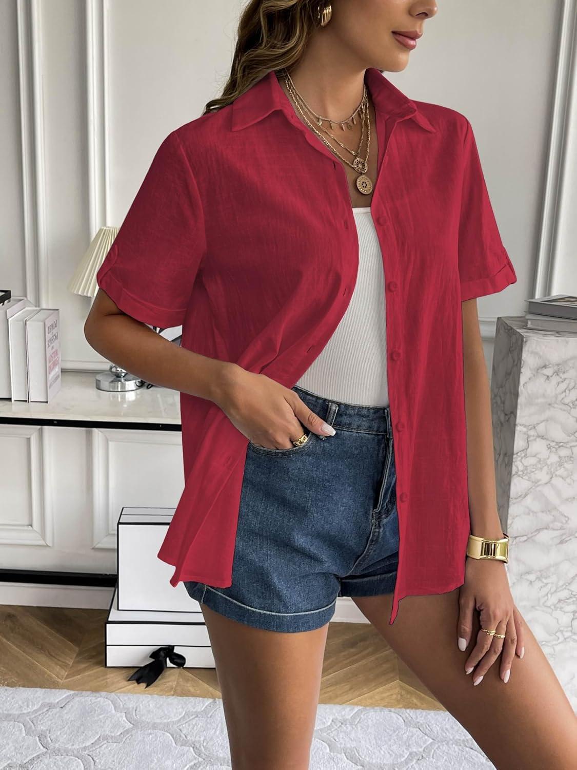 imageZeagoo Women Linen Button Down Shirt Rolled Cuffed Short Sleeve Blouse Ladies Summer Casual V Neck Beach Cotton TopsBordeaux Red