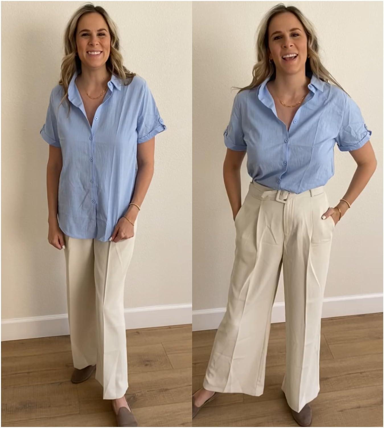 imageZeagoo Women Linen Button Down Shirt Rolled Cuffed Short Sleeve Blouse Ladies Summer Casual V Neck Beach Cotton TopsCsea Blue