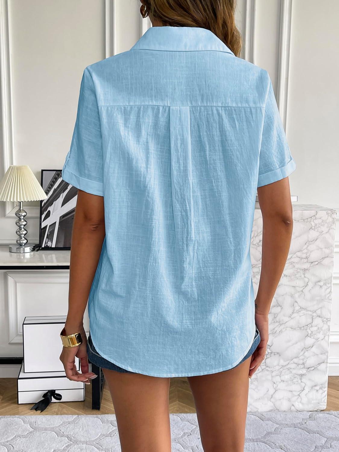 imageZeagoo Women Linen Button Down Shirt Rolled Cuffed Short Sleeve Blouse Ladies Summer Casual V Neck Beach Cotton TopsCsea Blue