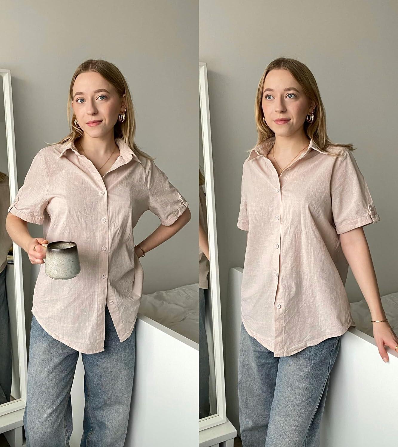 imageZeagoo Women Linen Button Down Shirt Rolled Cuffed Short Sleeve Blouse Ladies Summer Casual V Neck Beach Cotton TopsDlight Khaki