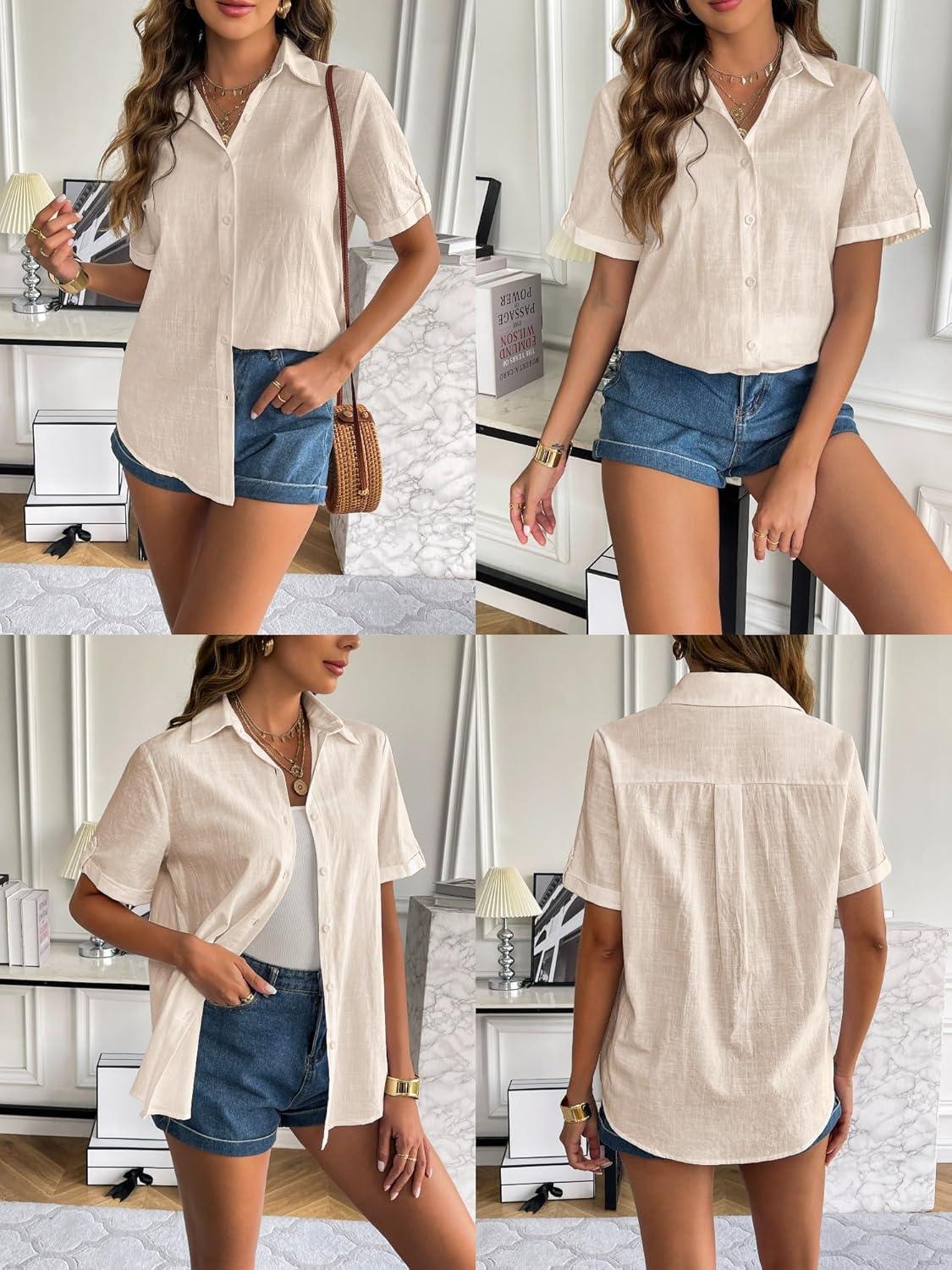 imageZeagoo Women Linen Button Down Shirt Rolled Cuffed Short Sleeve Blouse Ladies Summer Casual V Neck Beach Cotton TopsDlight Khaki