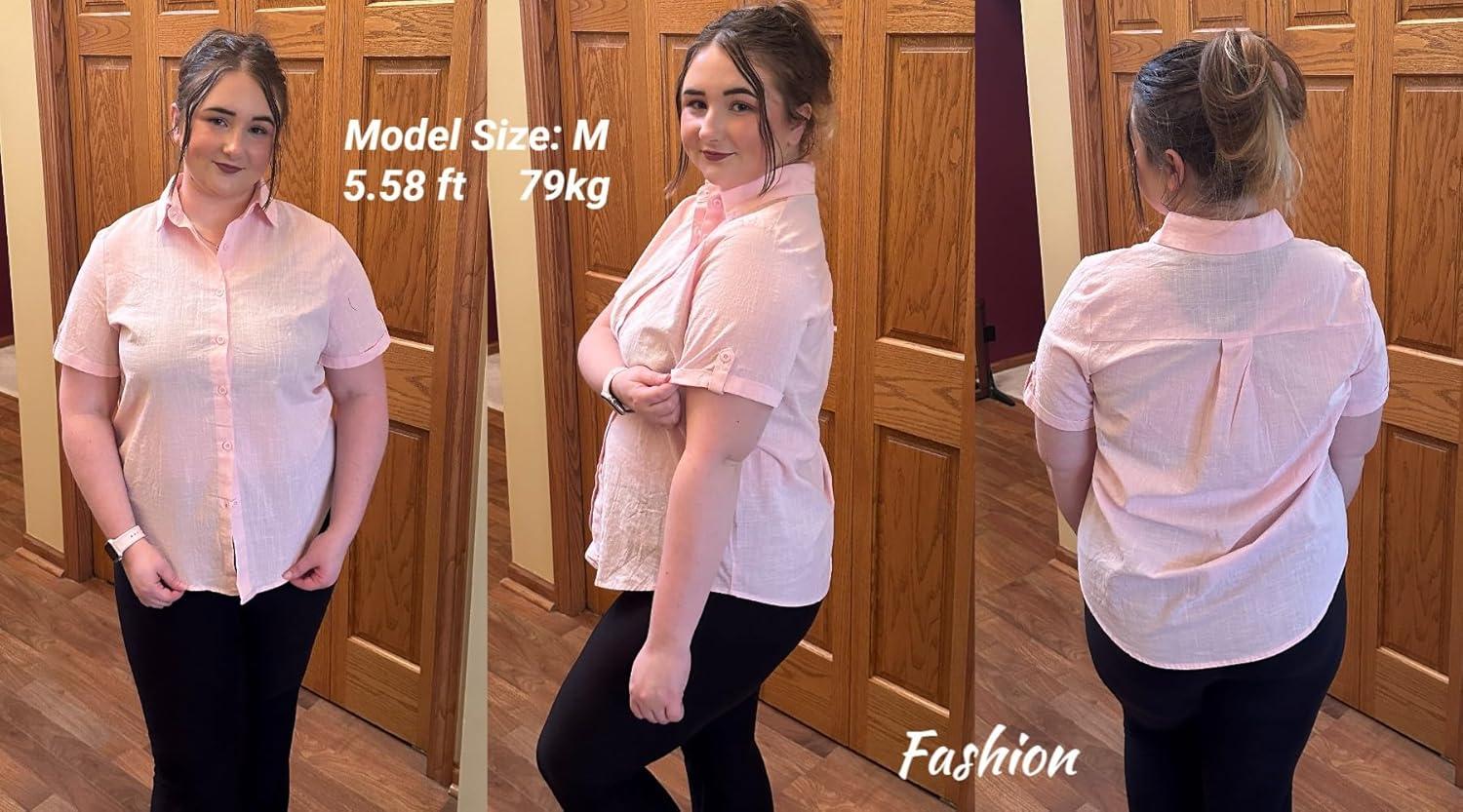 imageZeagoo Women Linen Button Down Shirt Rolled Cuffed Short Sleeve Blouse Ladies Summer Casual V Neck Beach Cotton TopsEsoft Pink