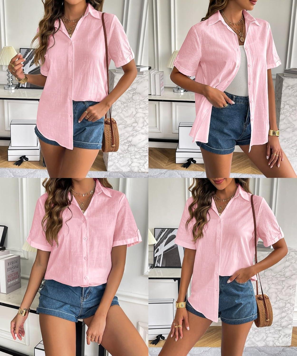 imageZeagoo Women Linen Button Down Shirt Rolled Cuffed Short Sleeve Blouse Ladies Summer Casual V Neck Beach Cotton TopsEsoft Pink