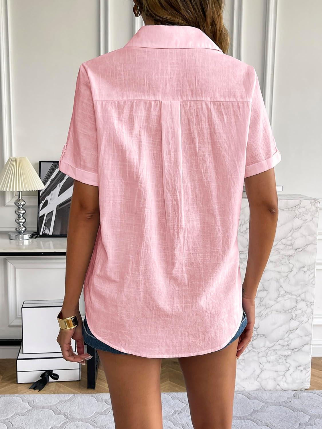 imageZeagoo Women Linen Button Down Shirt Rolled Cuffed Short Sleeve Blouse Ladies Summer Casual V Neck Beach Cotton TopsEsoft Pink