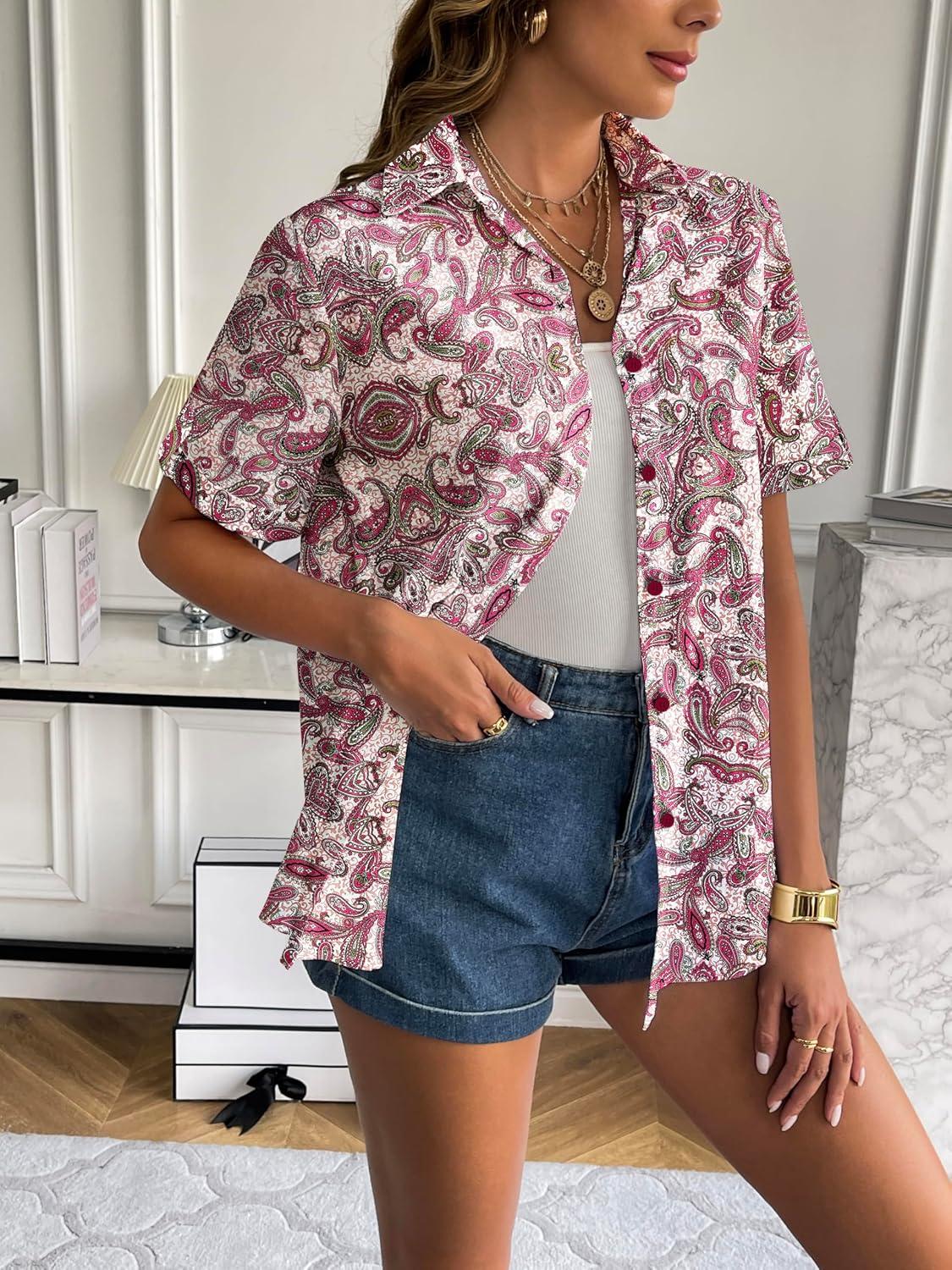 imageZeagoo Women Linen Button Down Shirt Rolled Cuffed Short Sleeve Blouse Ladies Summer Casual V Neck Beach Cotton TopsFfolksy Paisley Pink