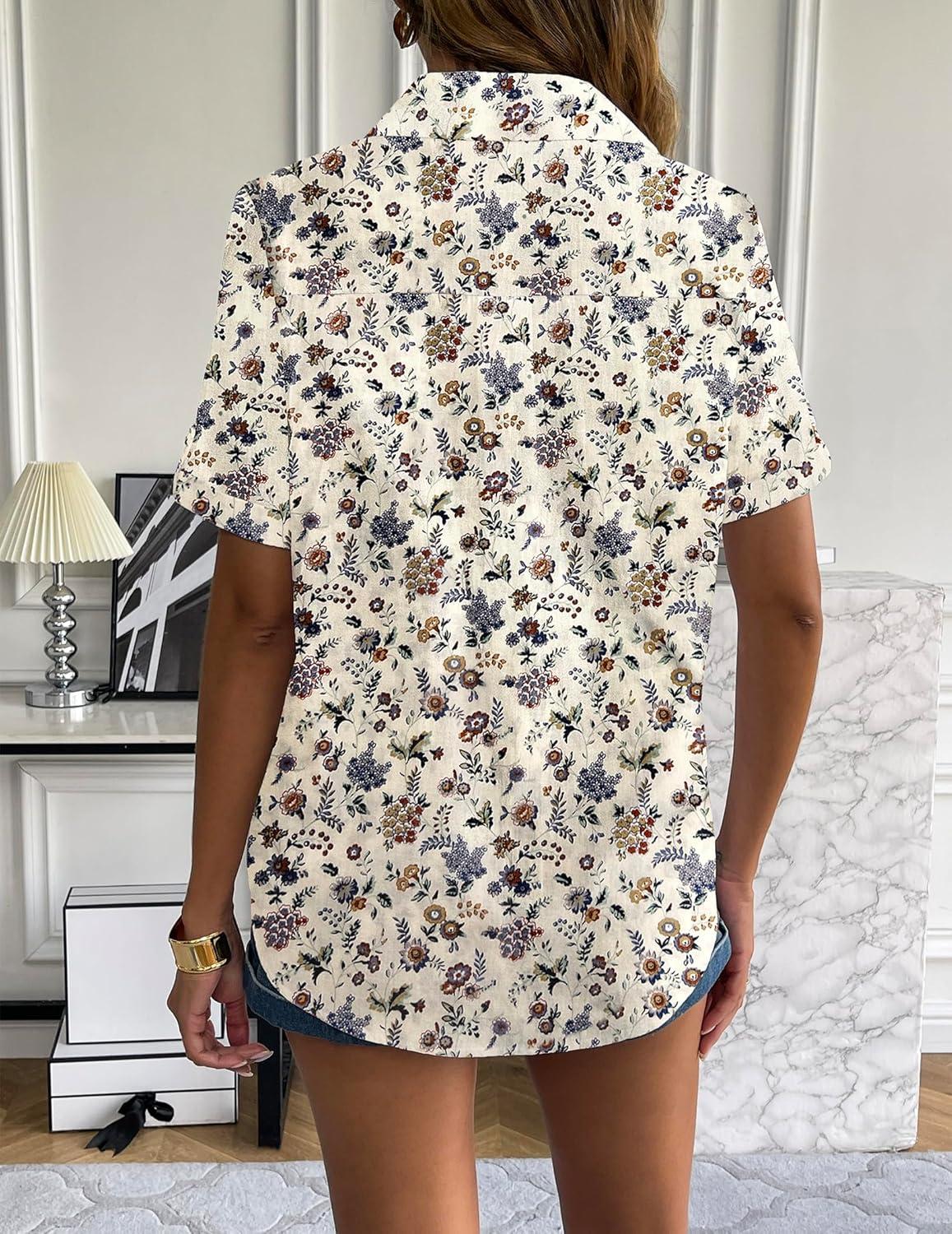 imageZeagoo Women Linen Button Down Shirt Rolled Cuffed Short Sleeve Blouse Ladies Summer Casual V Neck Beach Cotton TopsFloral Cream