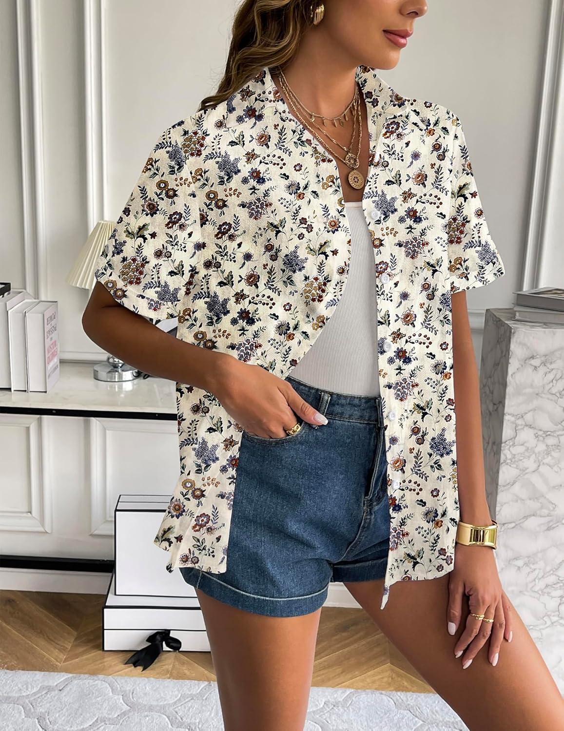 imageZeagoo Women Linen Button Down Shirt Rolled Cuffed Short Sleeve Blouse Ladies Summer Casual V Neck Beach Cotton TopsFloral Cream