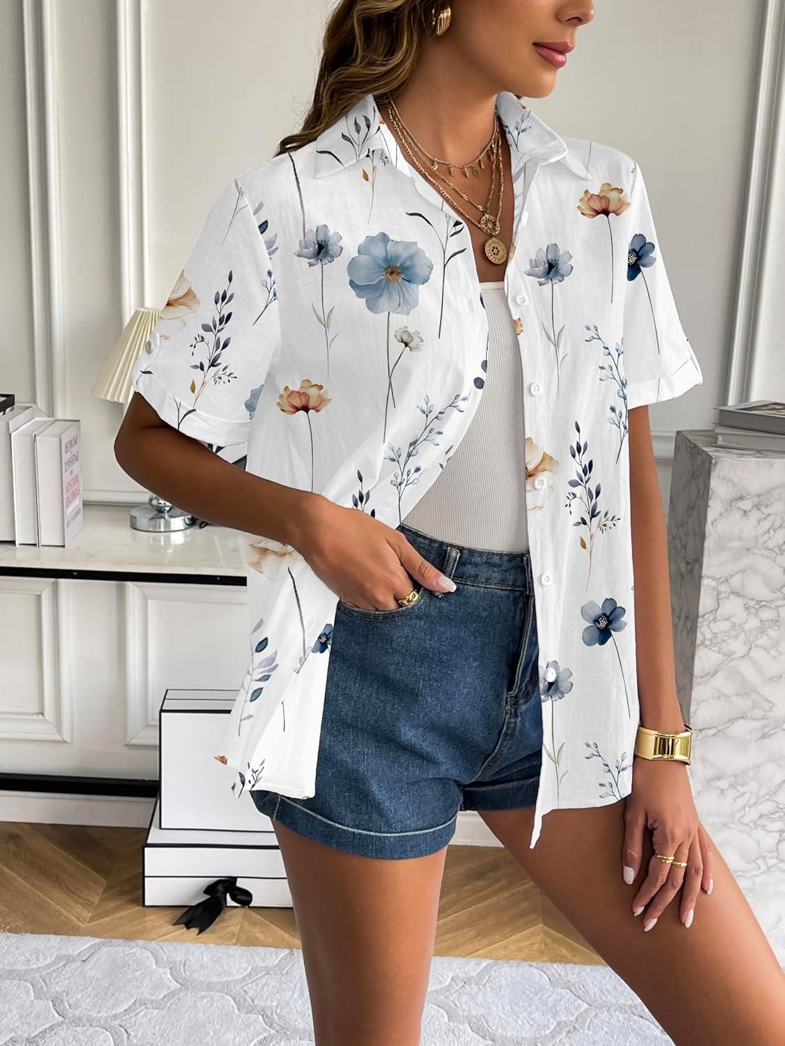 imageZeagoo Women Linen Button Down Shirt Rolled Cuffed Short Sleeve Blouse Ladies Summer Casual V Neck Beach Cotton TopsFloral White