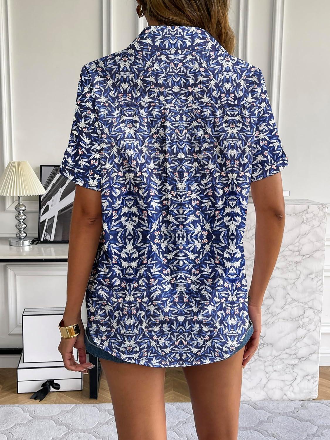 imageZeagoo Women Linen Button Down Shirt Rolled Cuffed Short Sleeve Blouse Ladies Summer Casual V Neck Beach Cotton TopsGtropical Navy