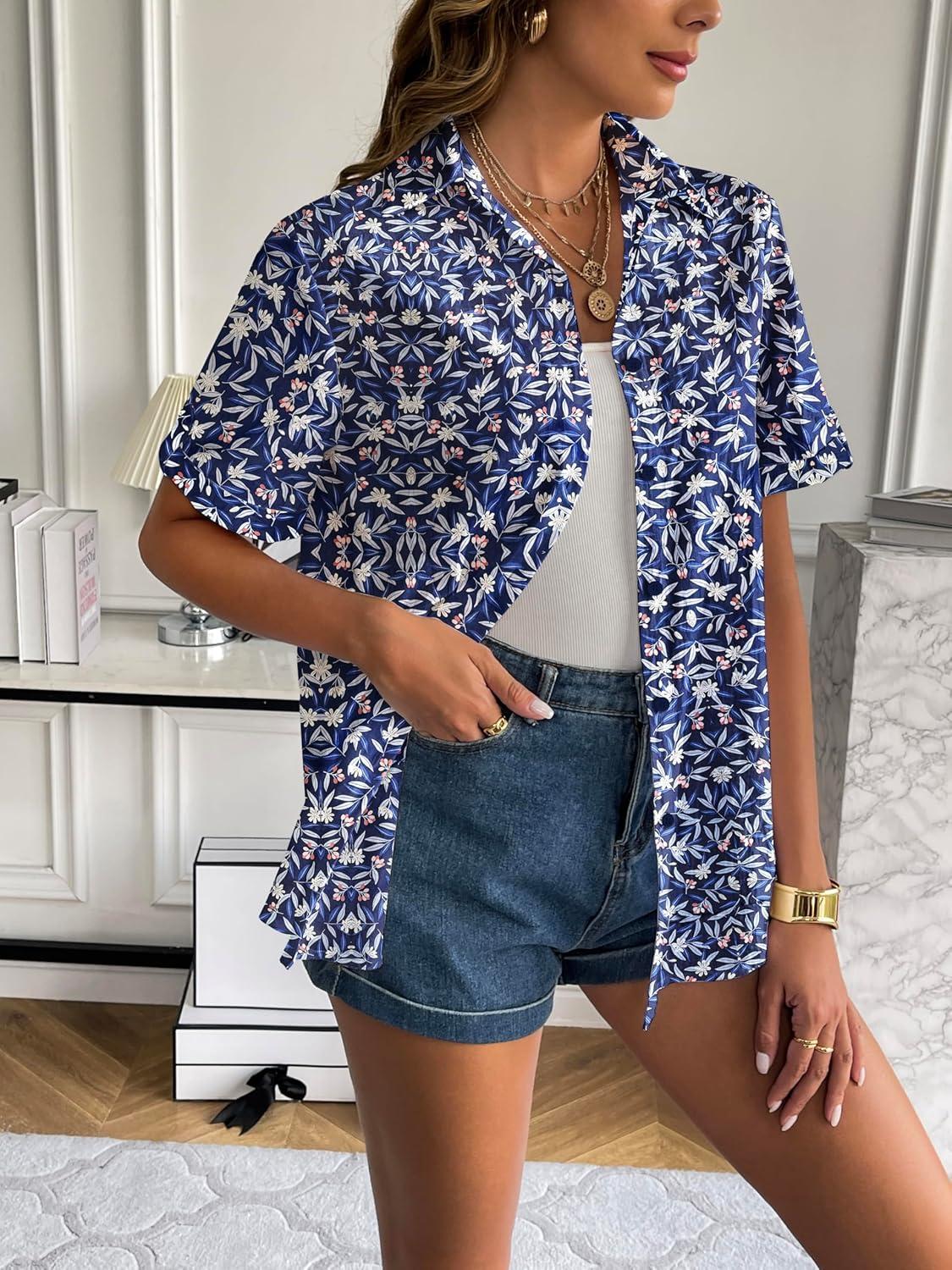 imageZeagoo Women Linen Button Down Shirt Rolled Cuffed Short Sleeve Blouse Ladies Summer Casual V Neck Beach Cotton TopsGtropical Navy