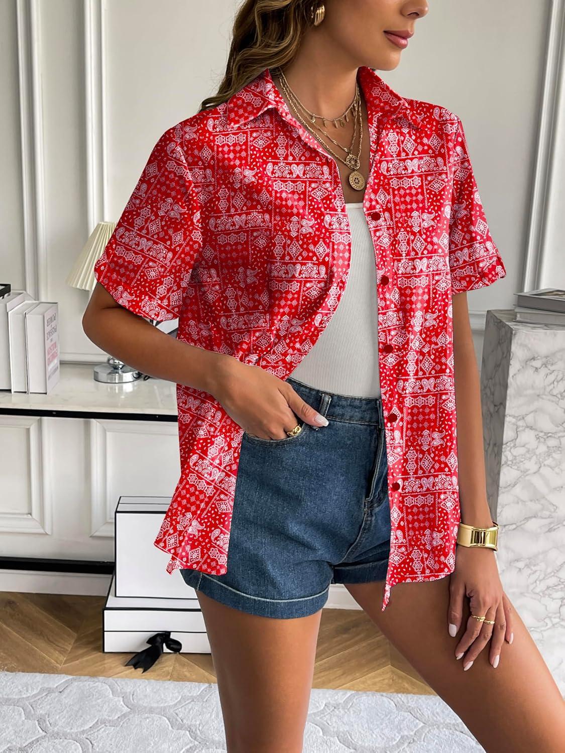imageZeagoo Women Linen Button Down Shirt Rolled Cuffed Short Sleeve Blouse Ladies Summer Casual V Neck Beach Cotton TopsHboho Floral Red