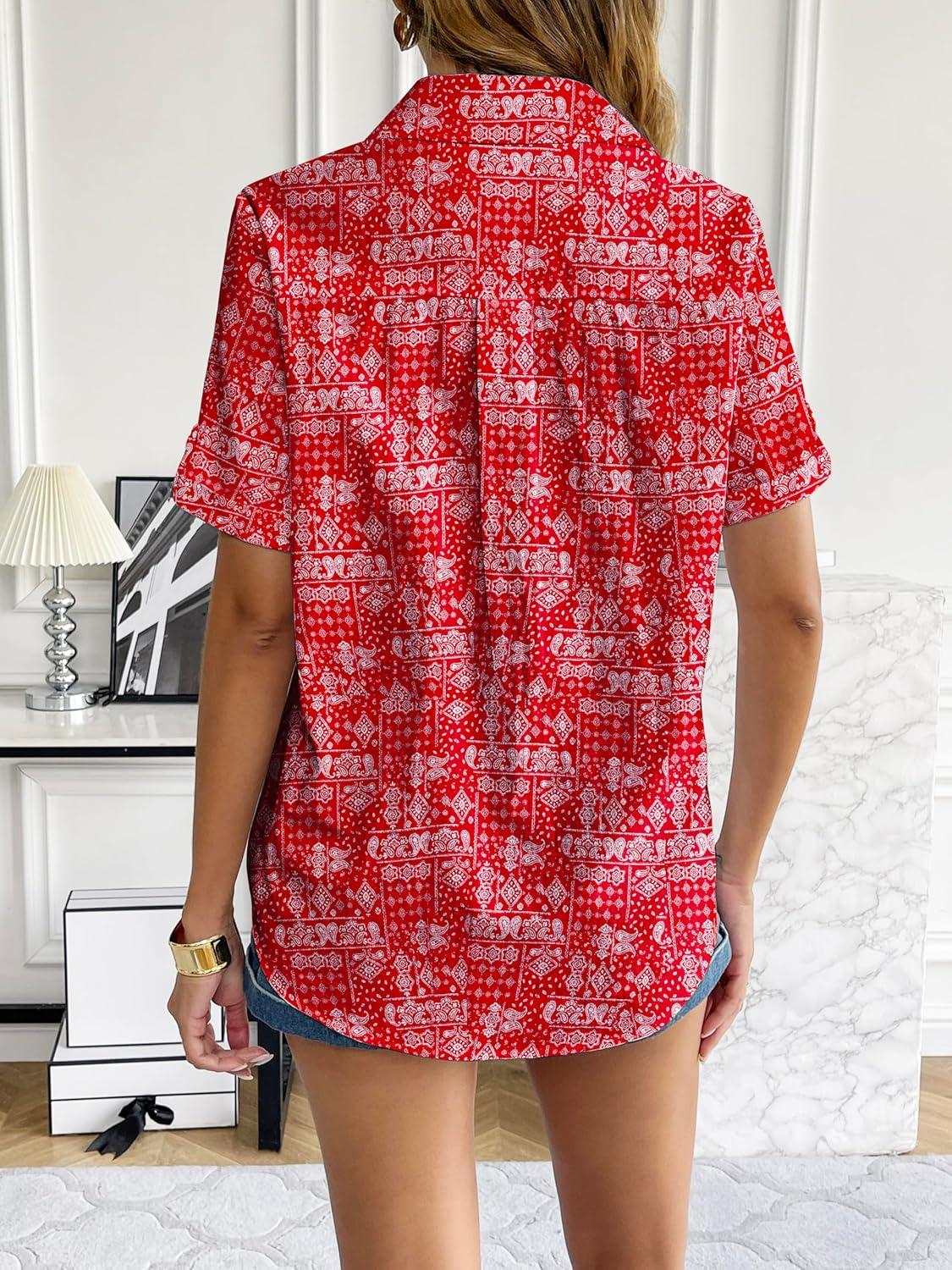 imageZeagoo Women Linen Button Down Shirt Rolled Cuffed Short Sleeve Blouse Ladies Summer Casual V Neck Beach Cotton TopsHboho Floral Red
