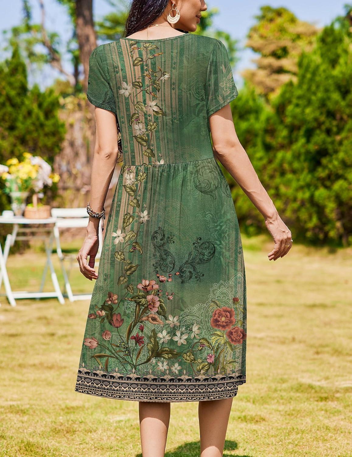 imageZeagoo Women Summer Short Sleeve Midi Dress with Pockets Casual Aline Flowy Tshirt Dress Floral Vocation Beach Sundress01green Printed