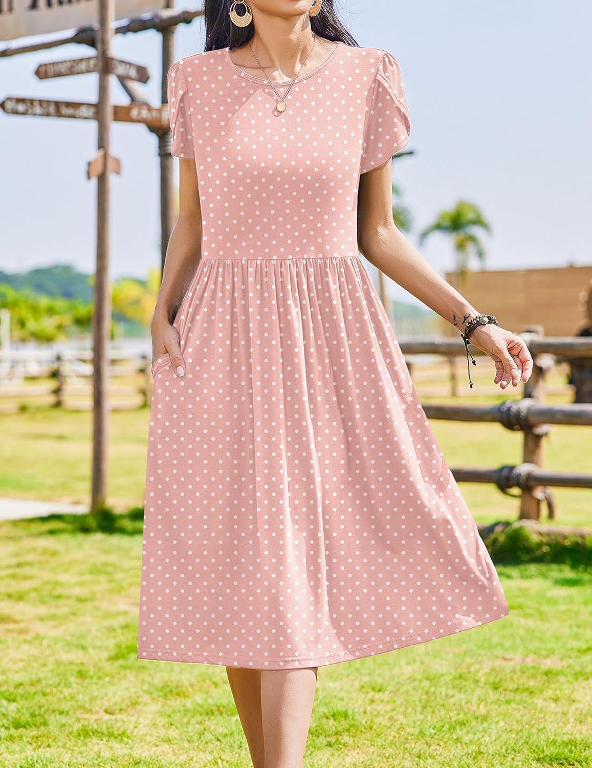imageZeagoo Women Summer Short Sleeve Midi Dress with Pockets Casual Aline Flowy Tshirt Dress Floral Vocation Beach Sundress01pink Round Dot