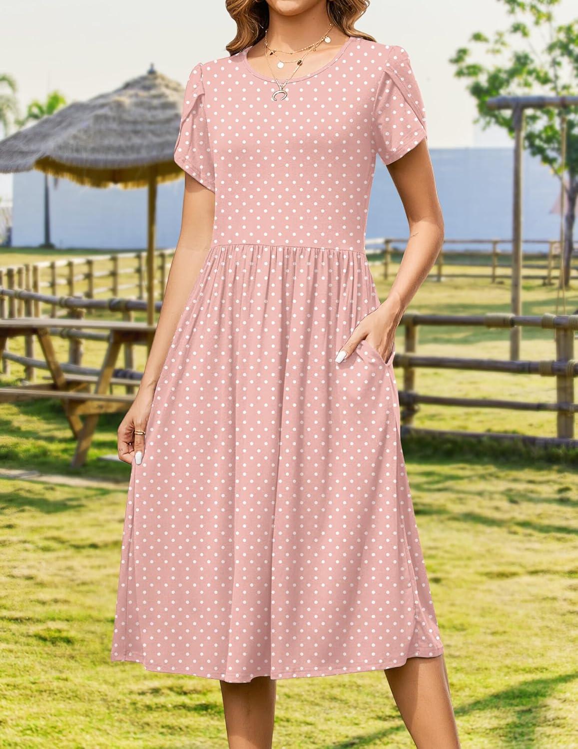imageZeagoo Women Summer Short Sleeve Midi Dress with Pockets Casual Aline Flowy Tshirt Dress Floral Vocation Beach Sundress01pink Round Dot