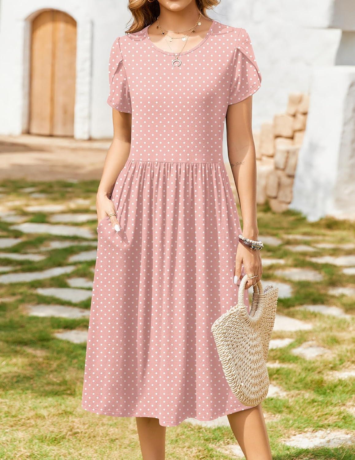 imageZeagoo Women Summer Short Sleeve Midi Dress with Pockets Casual Aline Flowy Tshirt Dress Floral Vocation Beach Sundress01pink Round Dot