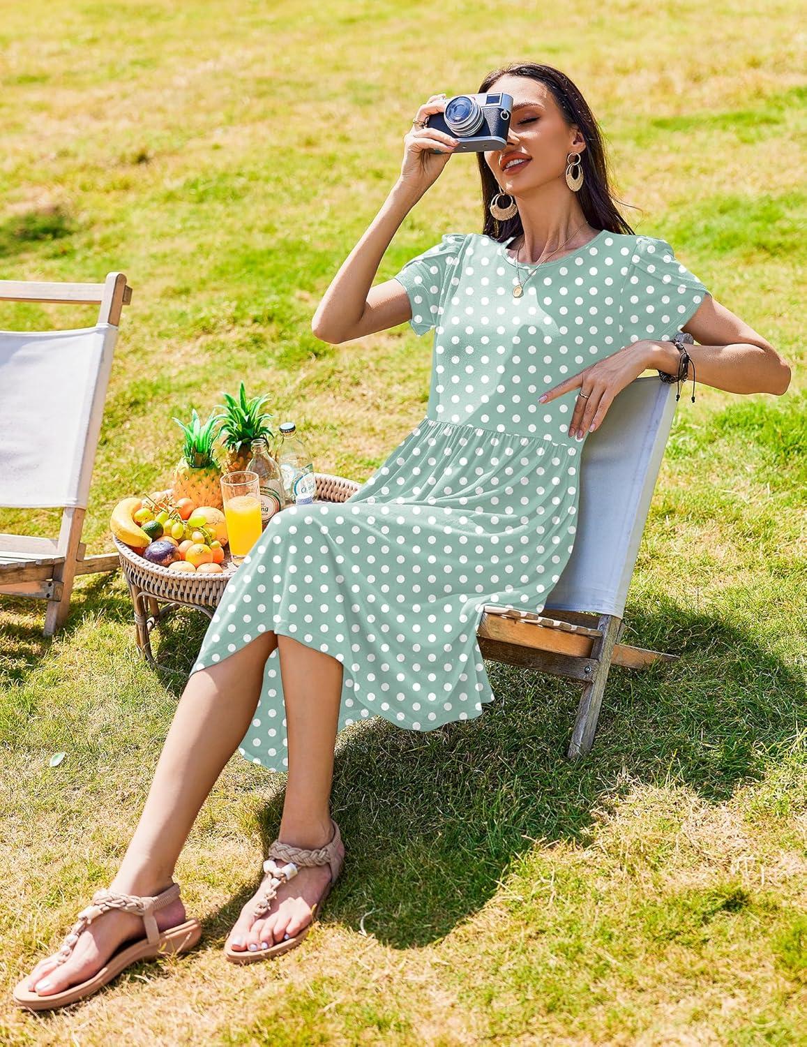 imageZeagoo Women Summer Short Sleeve Midi Dress with Pockets Casual Aline Flowy Tshirt Dress Floral Vocation Beach Sundress02green Round Dot