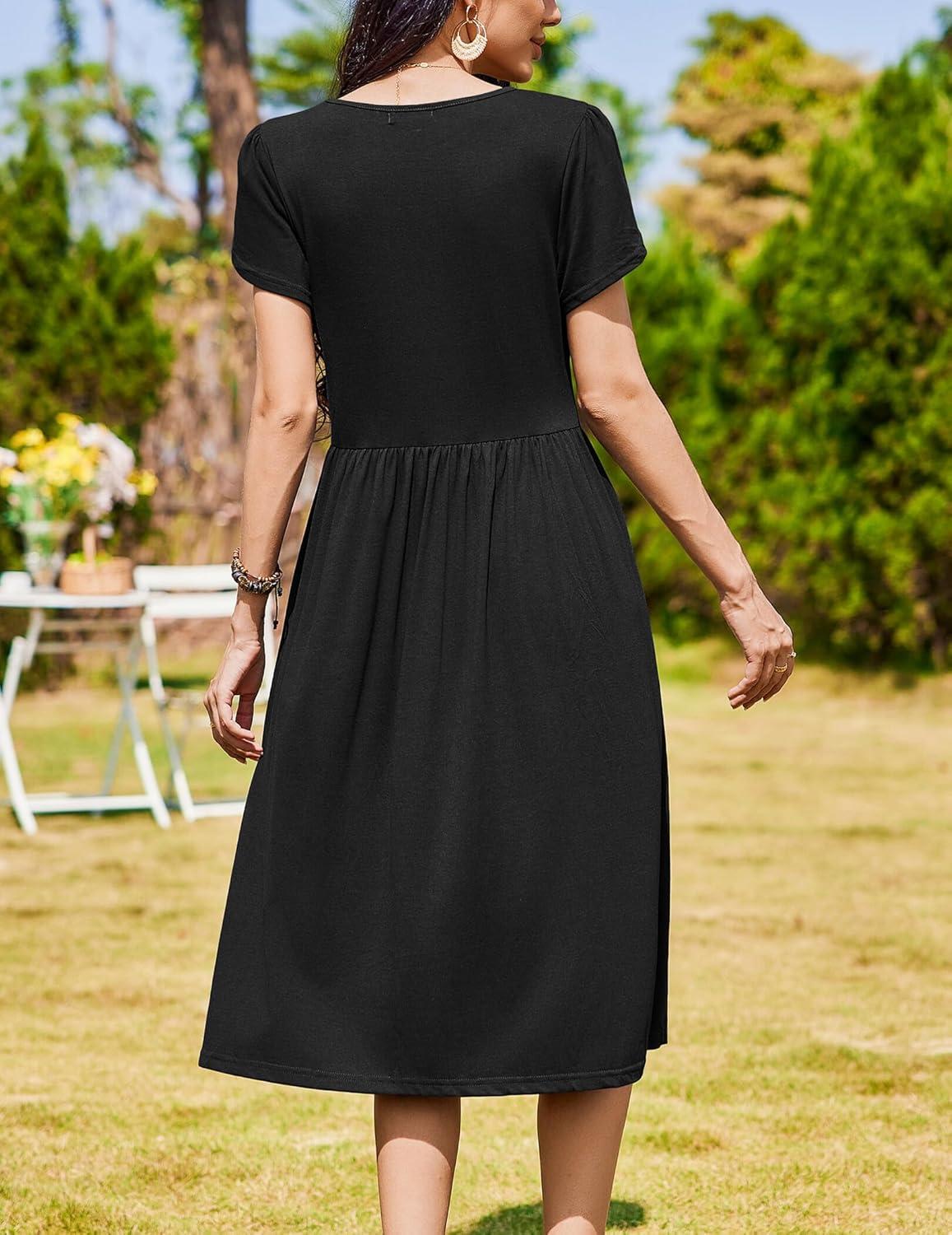 imageZeagoo Women Summer Short Sleeve Midi Dress with Pockets Casual Aline Flowy Tshirt Dress Floral Vocation Beach SundressBlack