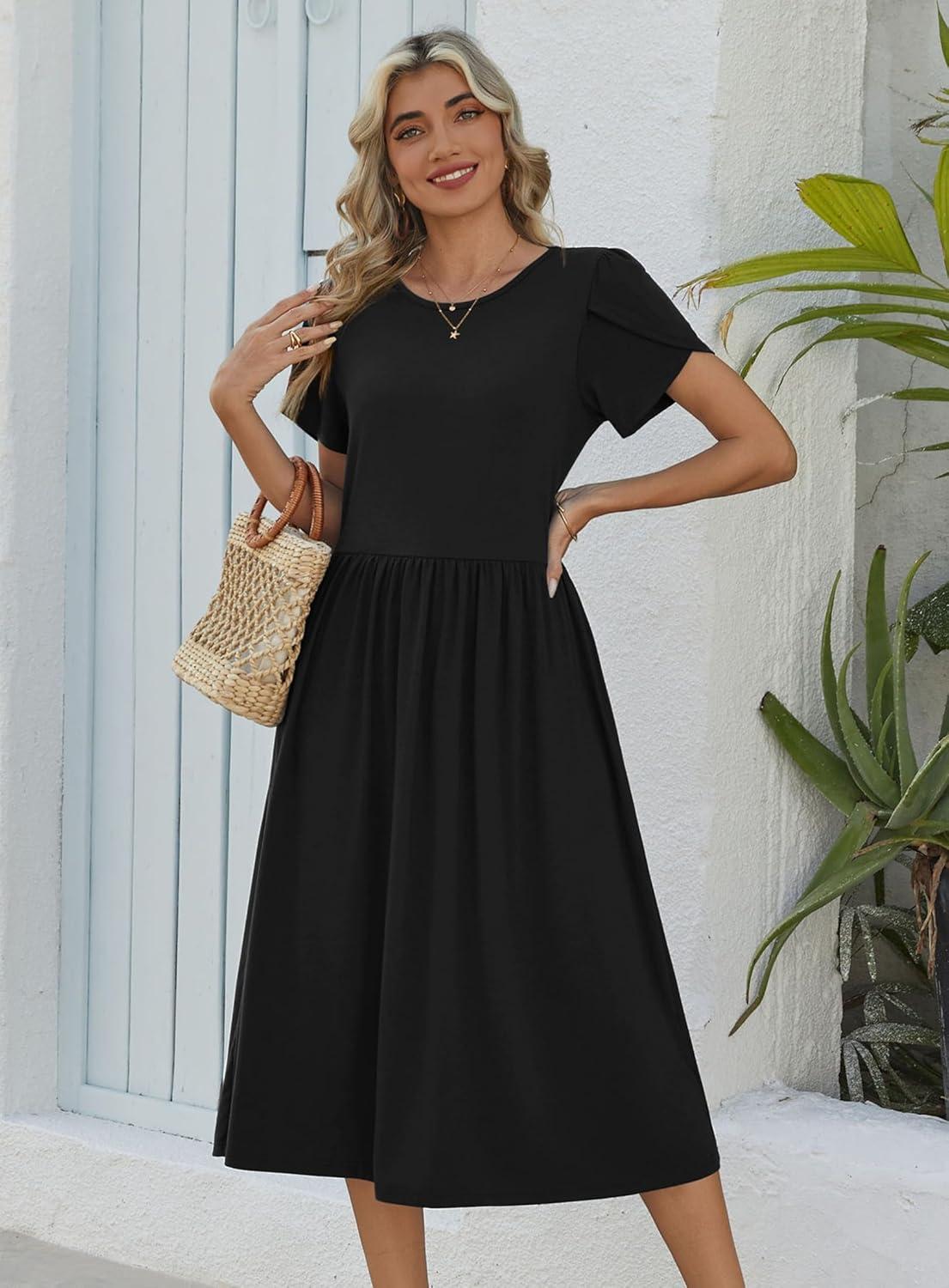 imageZeagoo Women Summer Short Sleeve Midi Dress with Pockets Casual Aline Flowy Tshirt Dress Floral Vocation Beach SundressBlack