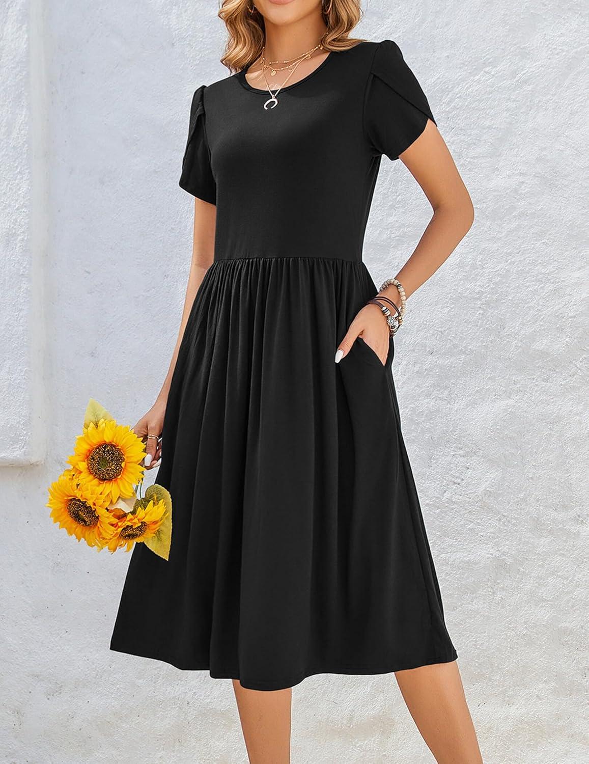 imageZeagoo Women Summer Short Sleeve Midi Dress with Pockets Casual Aline Flowy Tshirt Dress Floral Vocation Beach SundressBlack