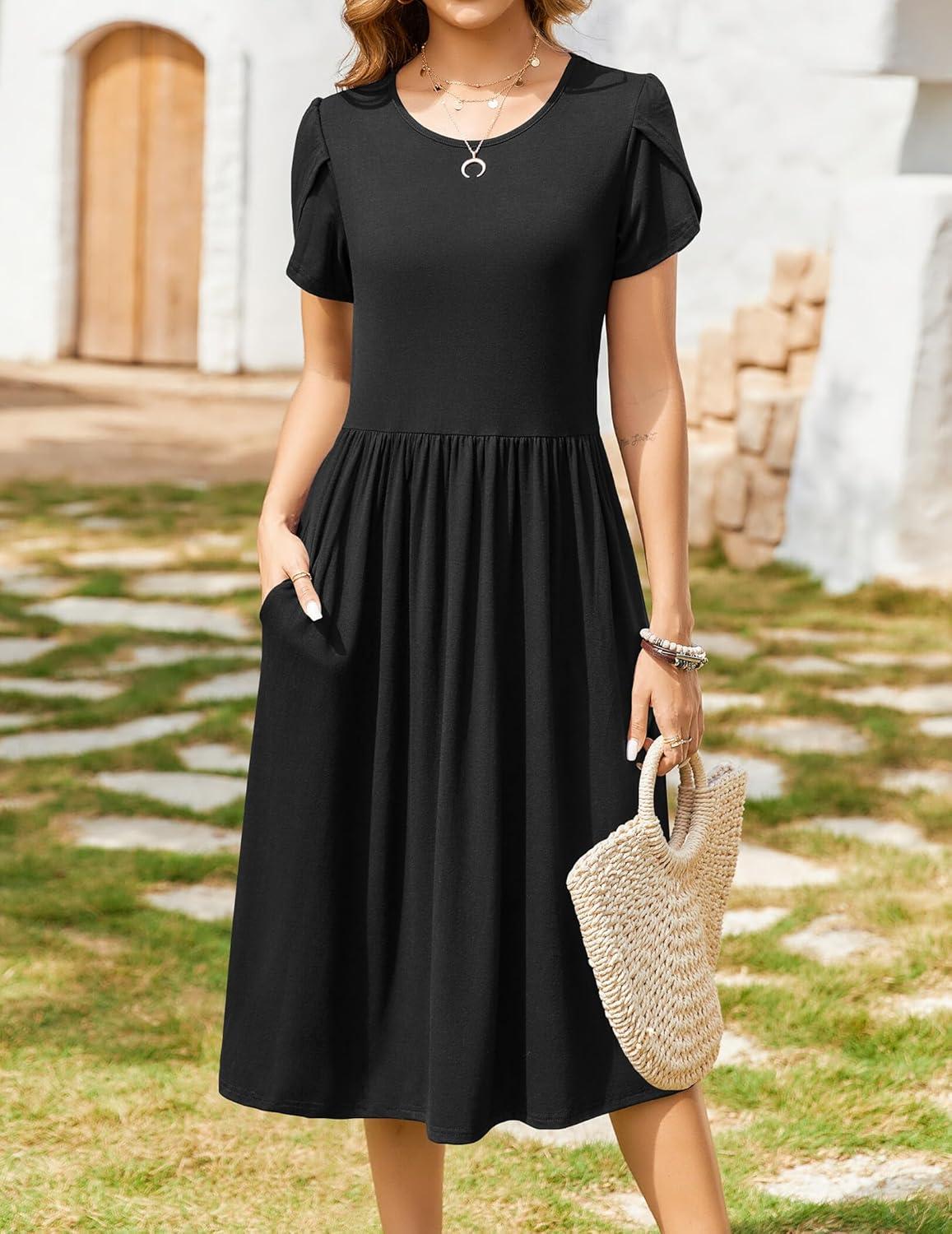 imageZeagoo Women Summer Short Sleeve Midi Dress with Pockets Casual Aline Flowy Tshirt Dress Floral Vocation Beach SundressBlack