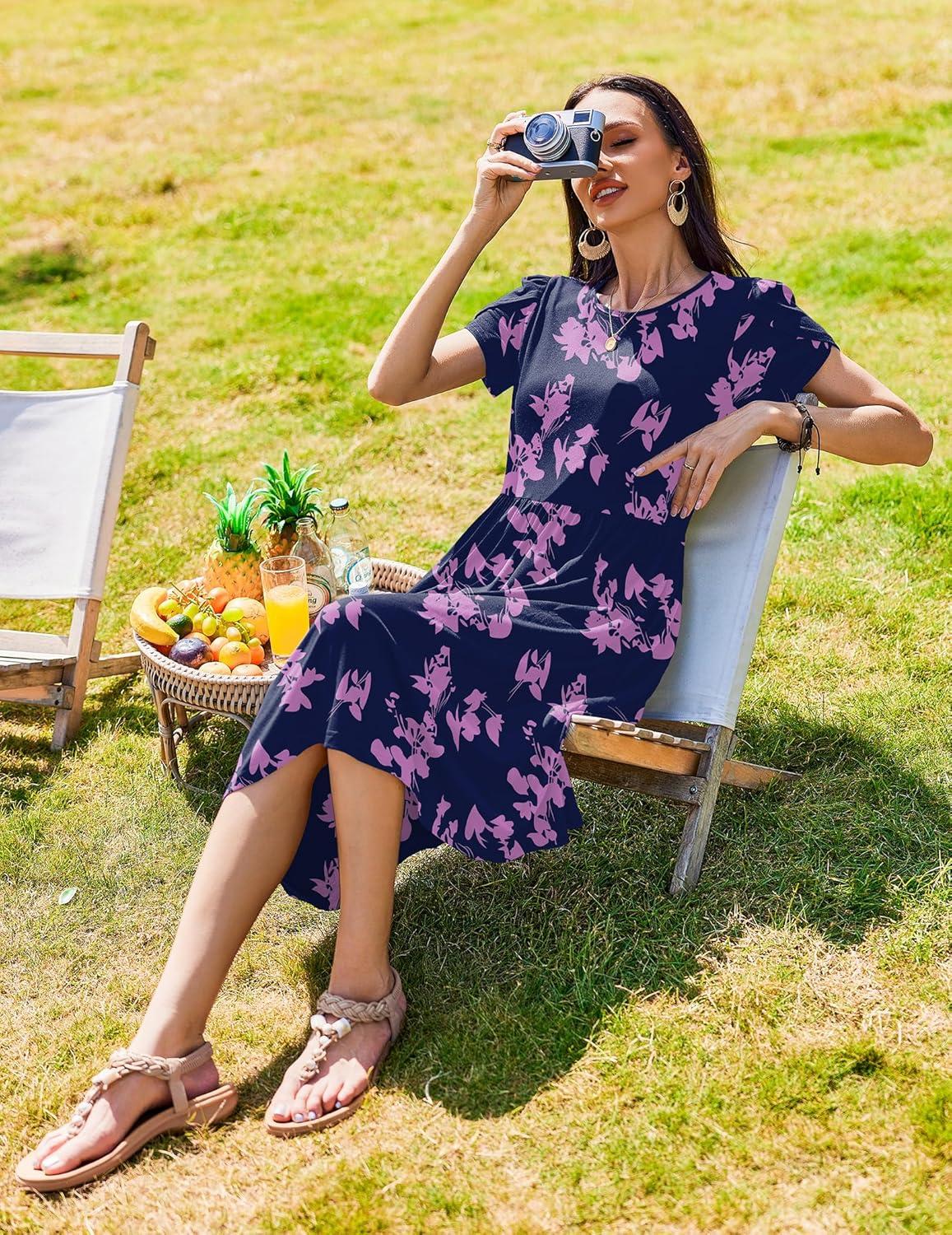 imageZeagoo Women Summer Short Sleeve Midi Dress with Pockets Casual Aline Flowy Tshirt Dress Floral Vocation Beach SundressBlack Purpleprinted
