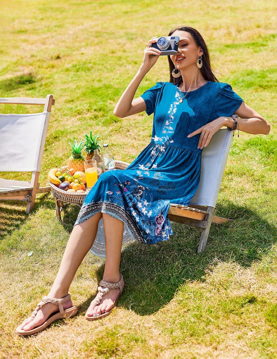 imageZeagoo Women Summer Short Sleeve Midi Dress with Pockets Casual Aline Flowy Tshirt Dress Floral Vocation Beach SundressBlue Ethnic Boho Print
