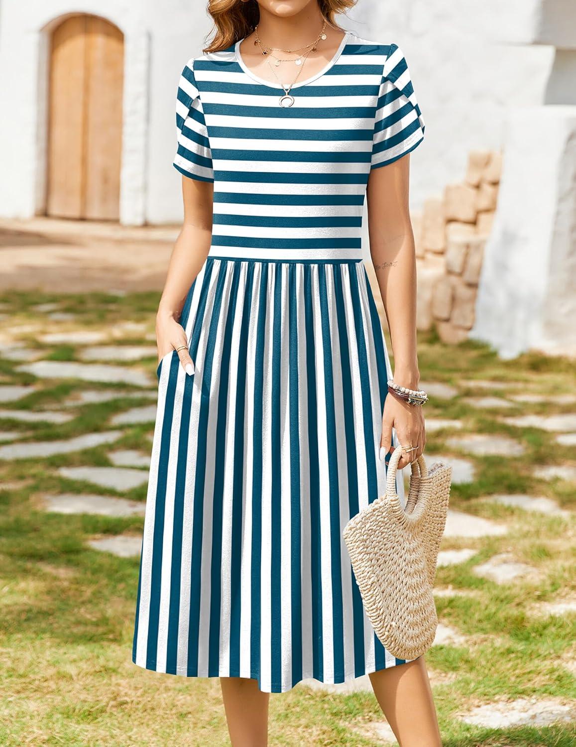 imageZeagoo Women Summer Short Sleeve Midi Dress with Pockets Casual Aline Flowy Tshirt Dress Floral Vocation Beach SundressBlue White Stripe