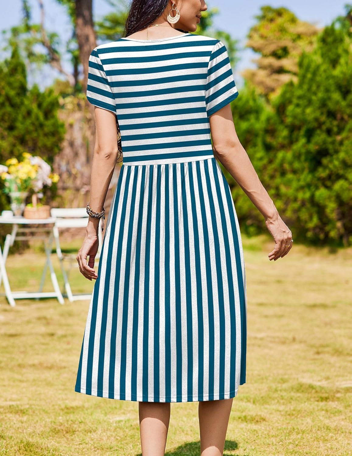 imageZeagoo Women Summer Short Sleeve Midi Dress with Pockets Casual Aline Flowy Tshirt Dress Floral Vocation Beach SundressBlue White Stripe