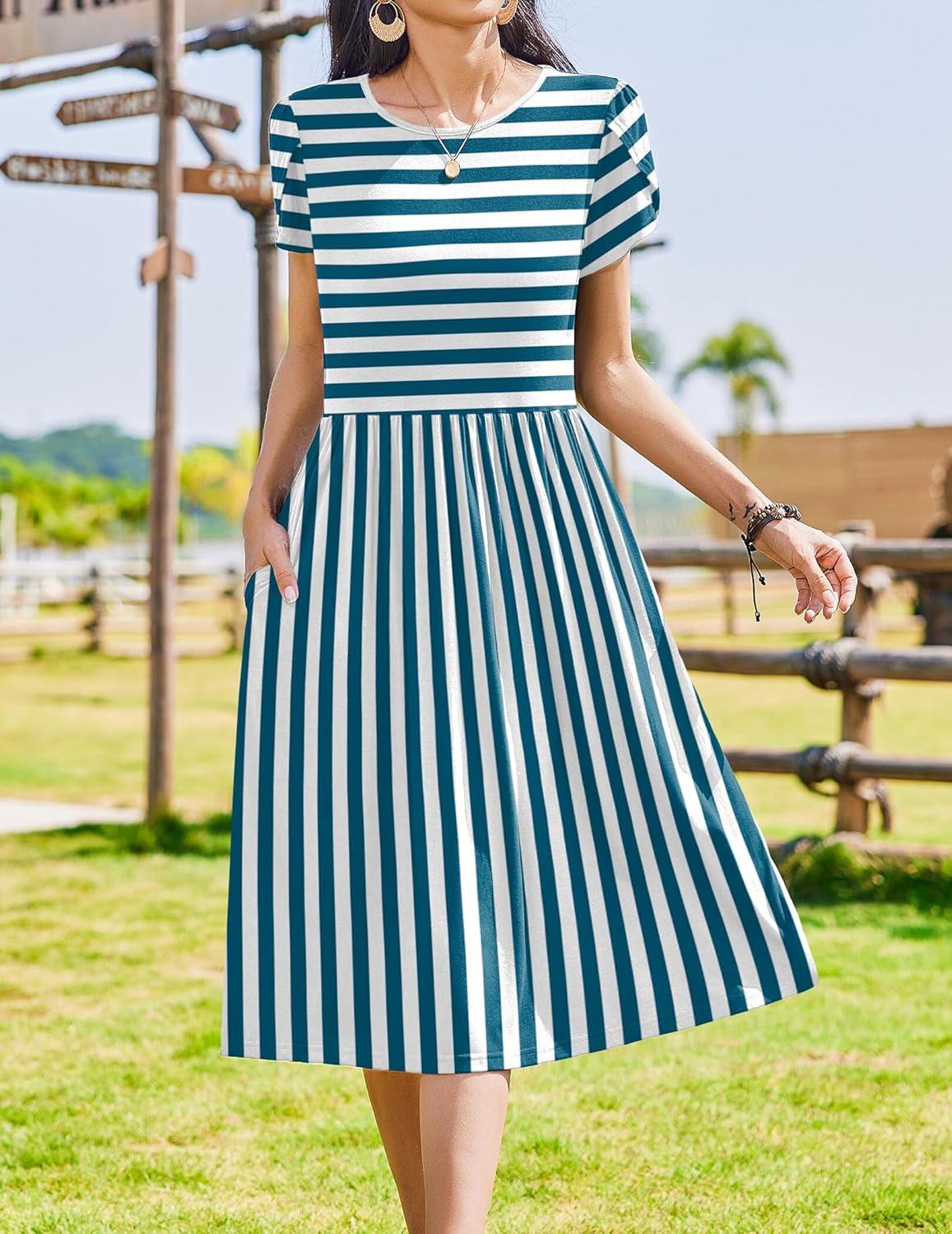 imageZeagoo Women Summer Short Sleeve Midi Dress with Pockets Casual Aline Flowy Tshirt Dress Floral Vocation Beach SundressBlue White Stripe
