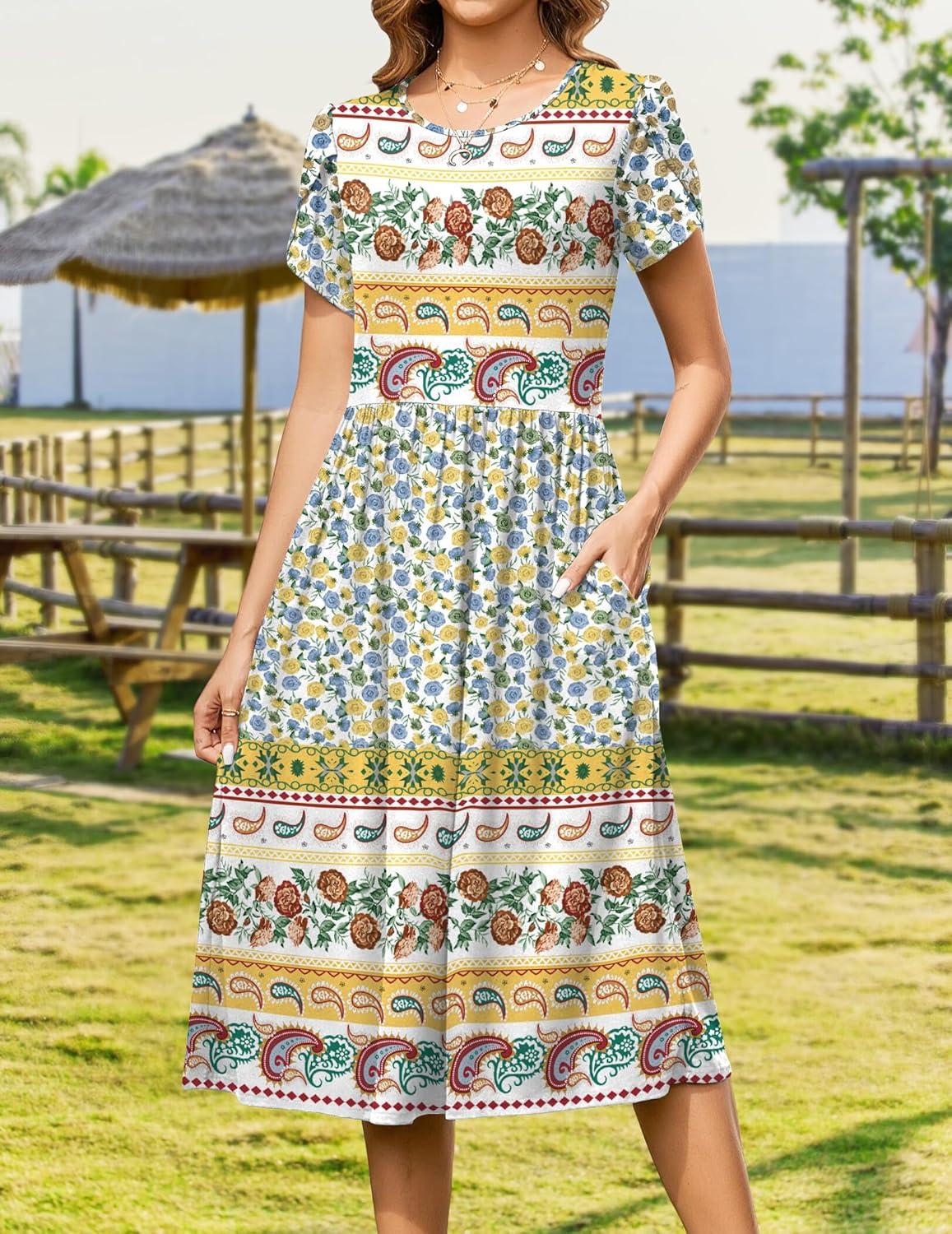 imageZeagoo Women Summer Short Sleeve Midi Dress with Pockets Casual Aline Flowy Tshirt Dress Floral Vocation Beach SundressBlue Yellow Bohemian