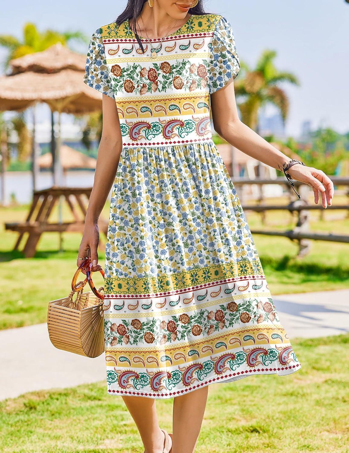 imageZeagoo Women Summer Short Sleeve Midi Dress with Pockets Casual Aline Flowy Tshirt Dress Floral Vocation Beach SundressBlue Yellow Bohemian