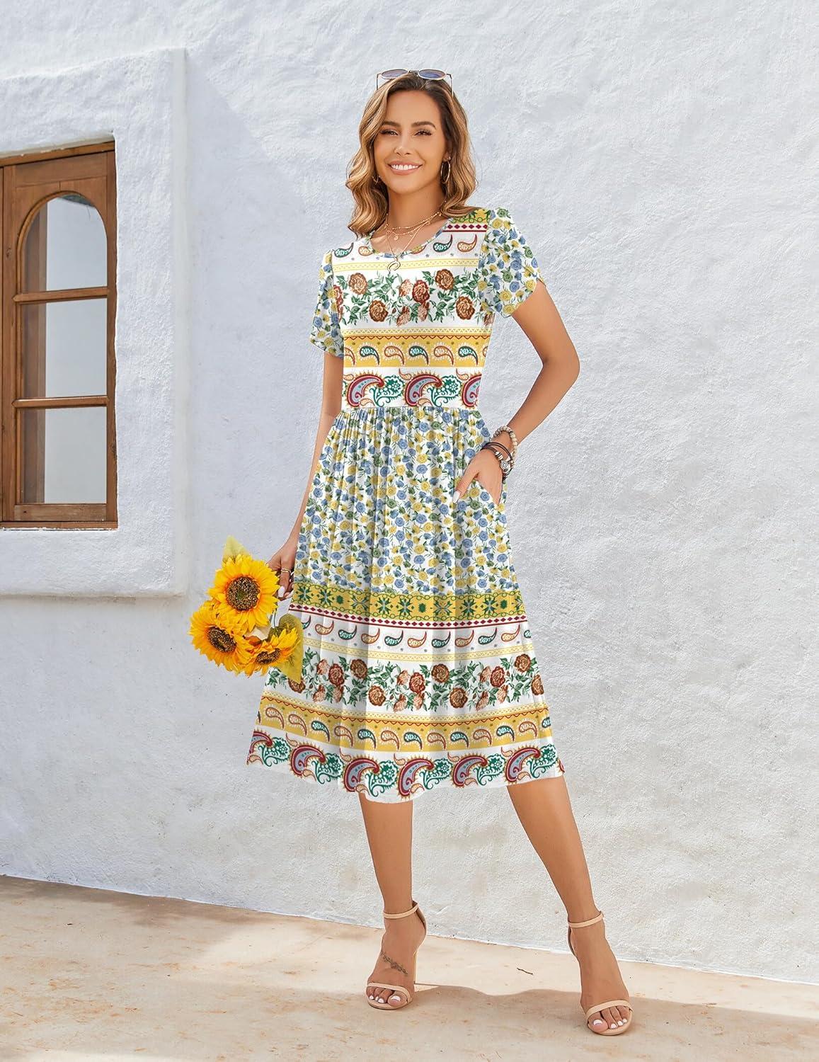imageZeagoo Women Summer Short Sleeve Midi Dress with Pockets Casual Aline Flowy Tshirt Dress Floral Vocation Beach SundressBlue Yellow Bohemian