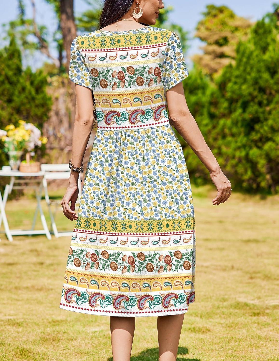 imageZeagoo Women Summer Short Sleeve Midi Dress with Pockets Casual Aline Flowy Tshirt Dress Floral Vocation Beach SundressBlue Yellow Bohemian