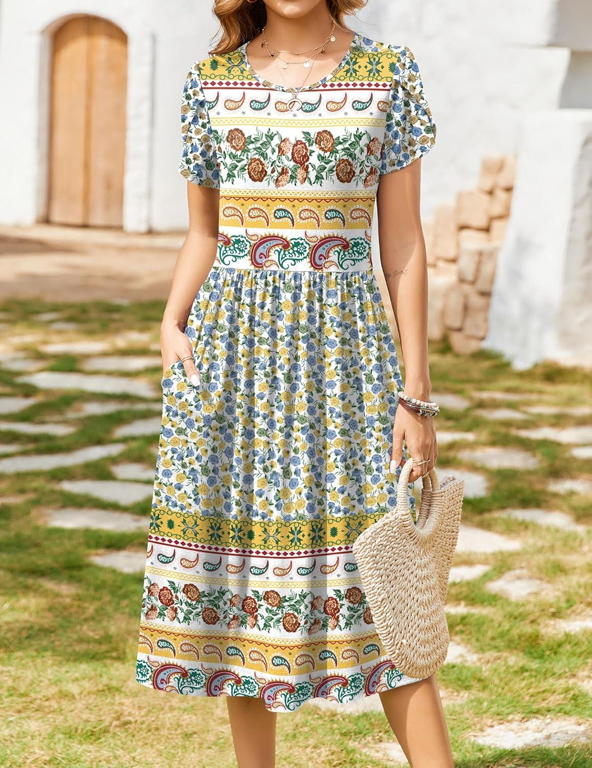 imageZeagoo Women Summer Short Sleeve Midi Dress with Pockets Casual Aline Flowy Tshirt Dress Floral Vocation Beach SundressBlue Yellow Bohemian