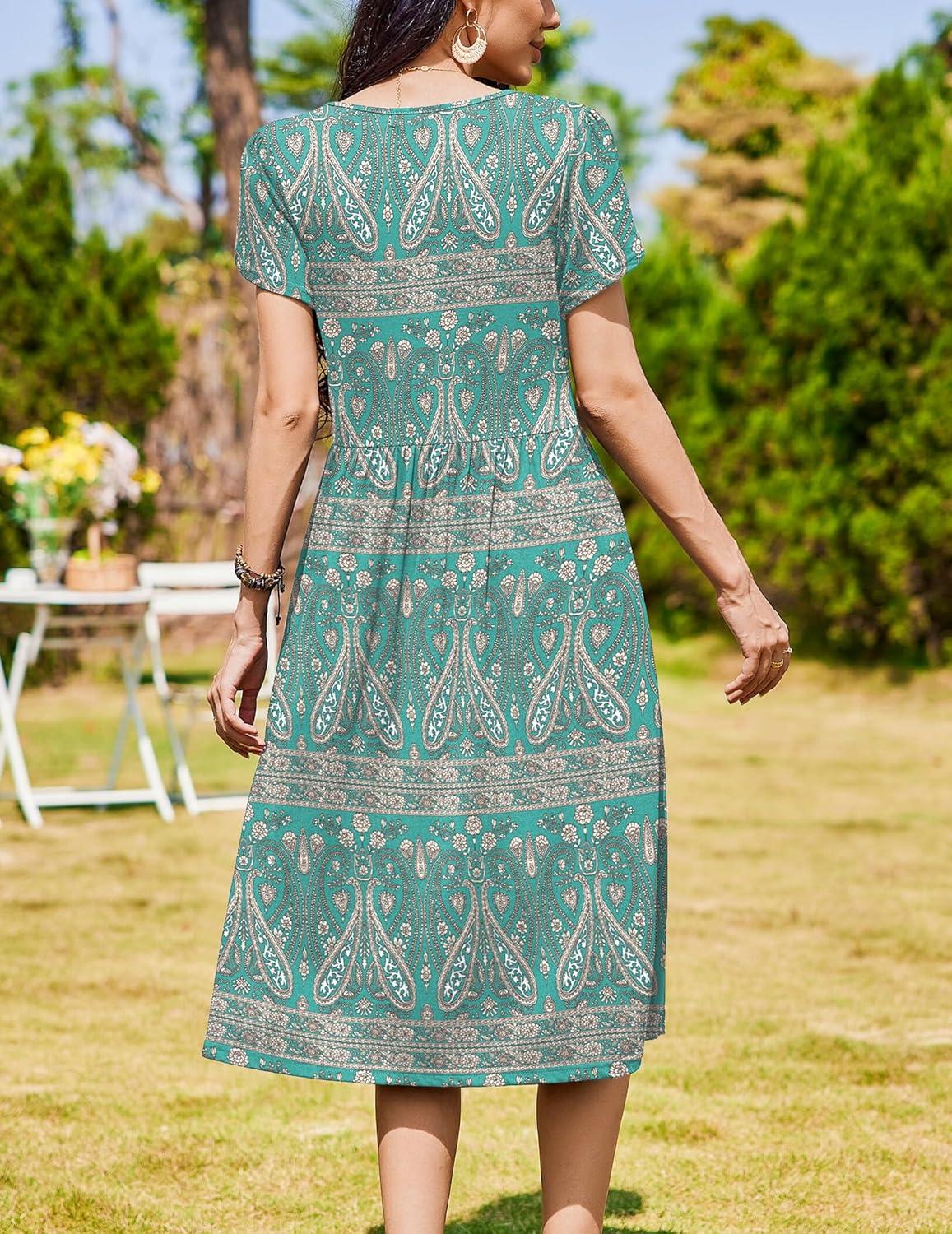 imageZeagoo Women Summer Short Sleeve Midi Dress with Pockets Casual Aline Flowy Tshirt Dress Floral Vocation Beach SundressBoho Floral