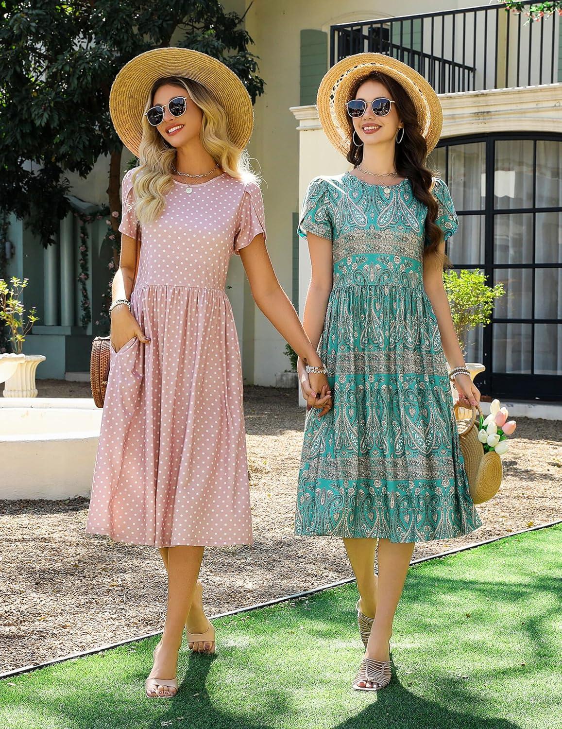imageZeagoo Women Summer Short Sleeve Midi Dress with Pockets Casual Aline Flowy Tshirt Dress Floral Vocation Beach SundressBoho Floral