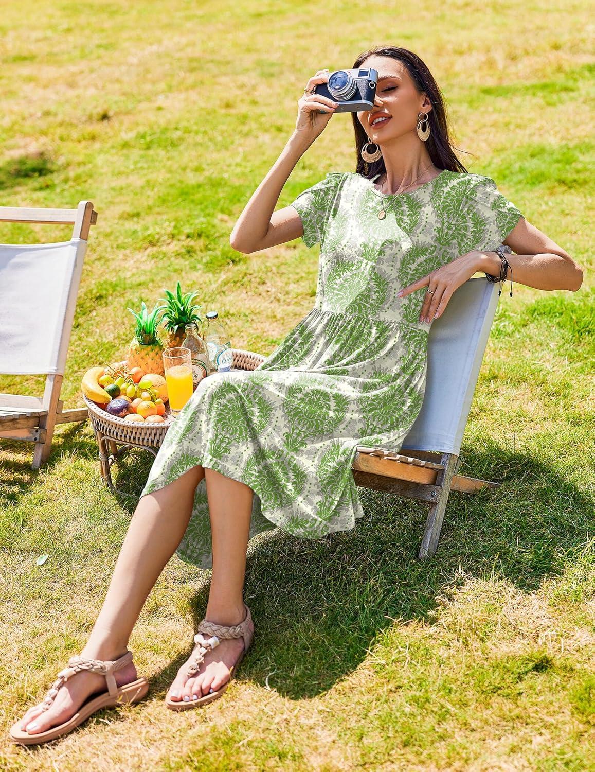 imageZeagoo Women Summer Short Sleeve Midi Dress with Pockets Casual Aline Flowy Tshirt Dress Floral Vocation Beach SundressEthnic Patterngreen