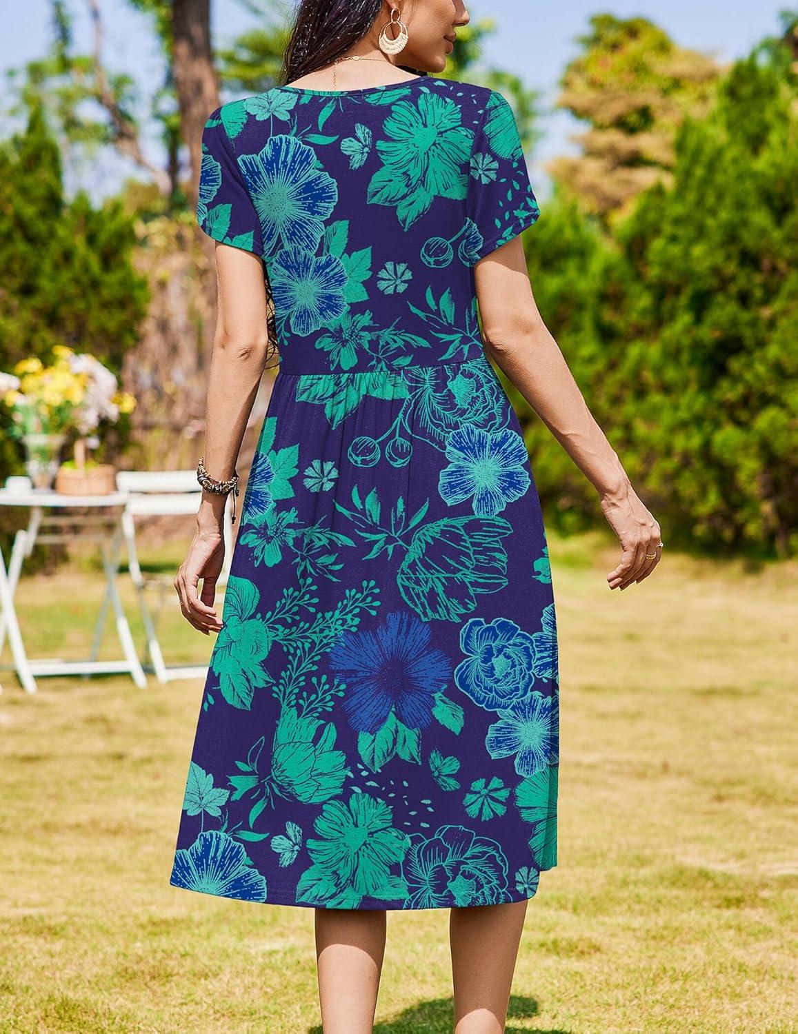 imageZeagoo Women Summer Short Sleeve Midi Dress with Pockets Casual Aline Flowy Tshirt Dress Floral Vocation Beach SundressGreen Floral Dark Blue