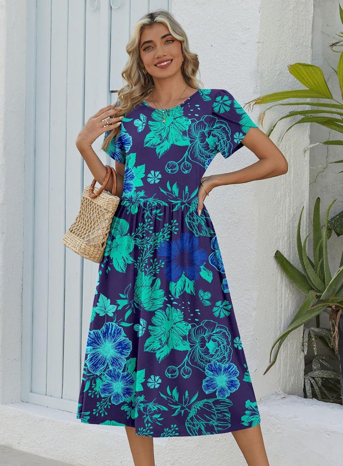 imageZeagoo Women Summer Short Sleeve Midi Dress with Pockets Casual Aline Flowy Tshirt Dress Floral Vocation Beach SundressGreen Floral Dark Blue