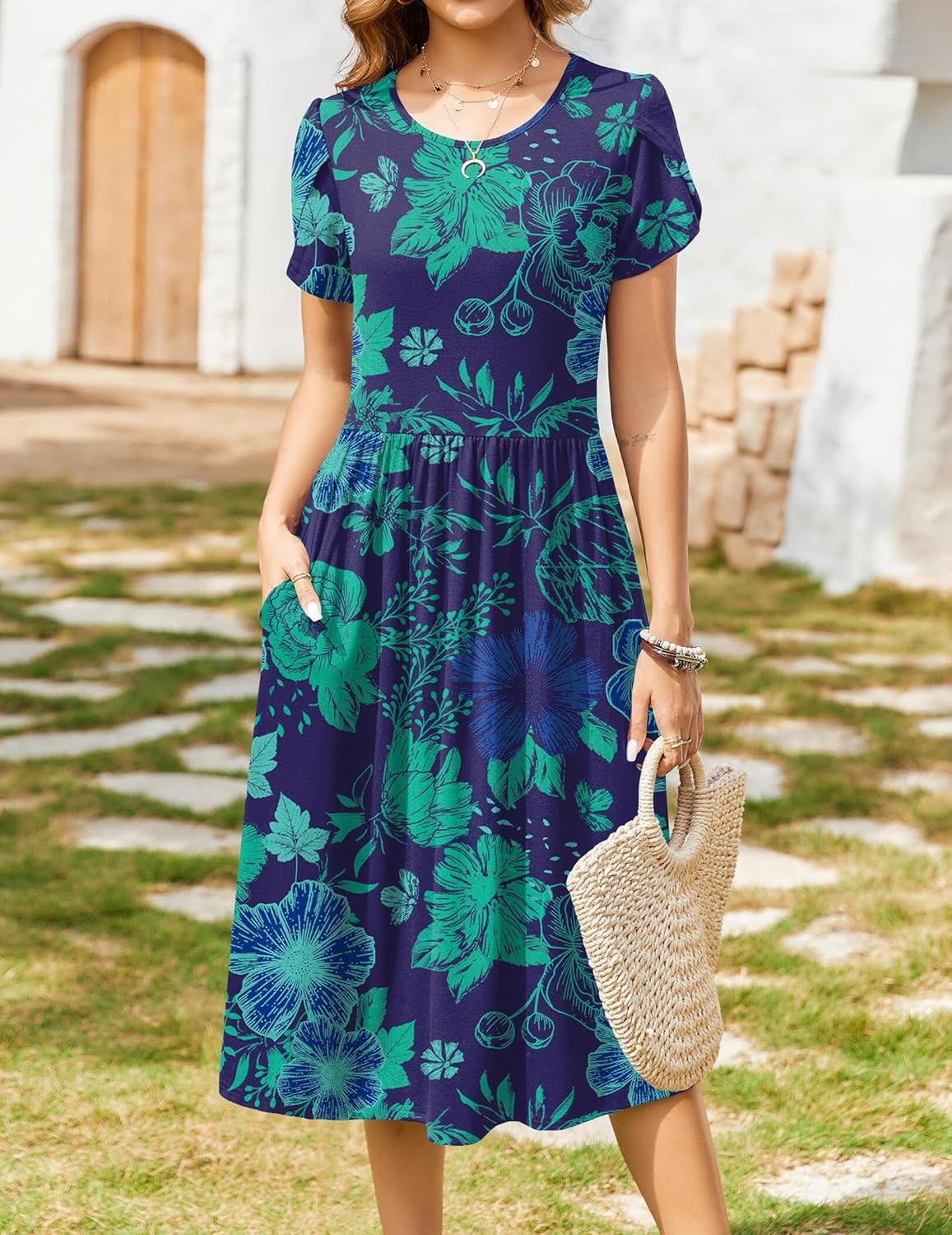 imageZeagoo Women Summer Short Sleeve Midi Dress with Pockets Casual Aline Flowy Tshirt Dress Floral Vocation Beach SundressGreen Floral Dark Blue