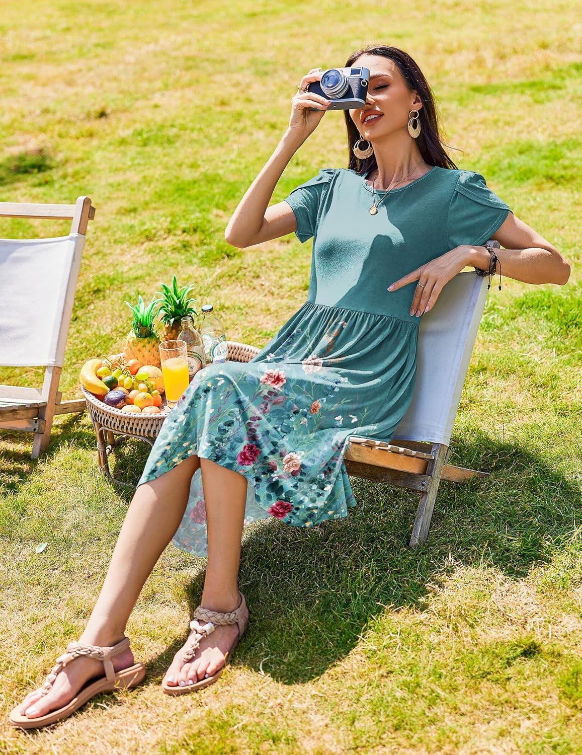 imageZeagoo Women Summer Short Sleeve Midi Dress with Pockets Casual Aline Flowy Tshirt Dress Floral Vocation Beach SundressGreen Print