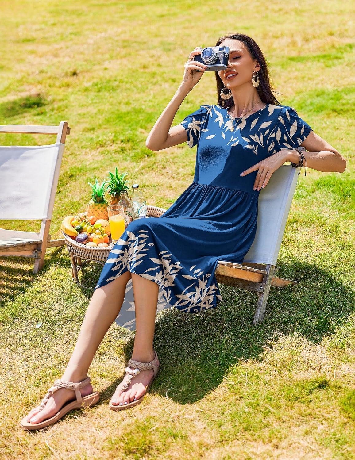imageZeagoo Women Summer Short Sleeve Midi Dress with Pockets Casual Aline Flowy Tshirt Dress Floral Vocation Beach SundressNavy Leaf Print