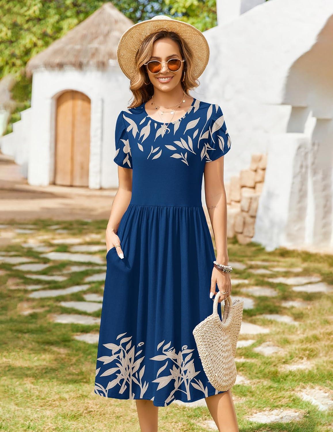 imageZeagoo Women Summer Short Sleeve Midi Dress with Pockets Casual Aline Flowy Tshirt Dress Floral Vocation Beach SundressNavy Leaf Print