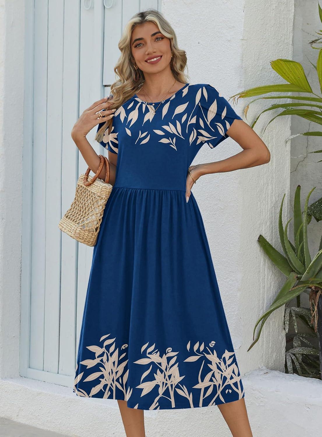 imageZeagoo Women Summer Short Sleeve Midi Dress with Pockets Casual Aline Flowy Tshirt Dress Floral Vocation Beach SundressNavy Leaf Print