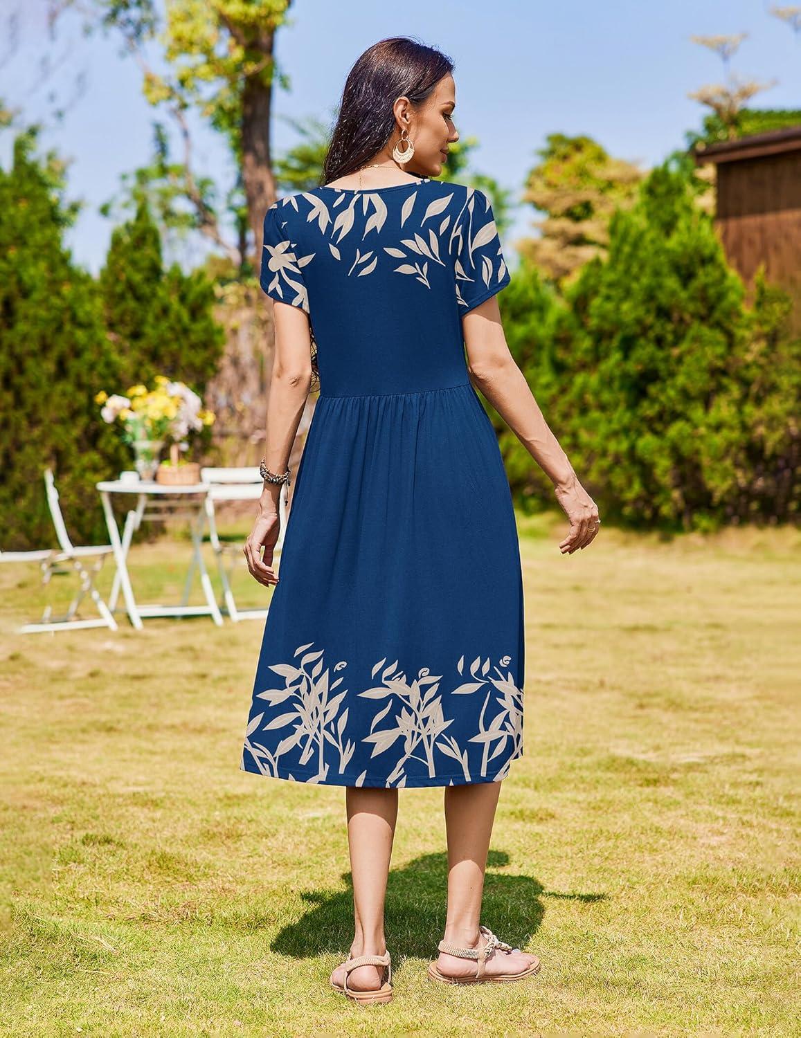imageZeagoo Women Summer Short Sleeve Midi Dress with Pockets Casual Aline Flowy Tshirt Dress Floral Vocation Beach SundressNavy Leaf Print